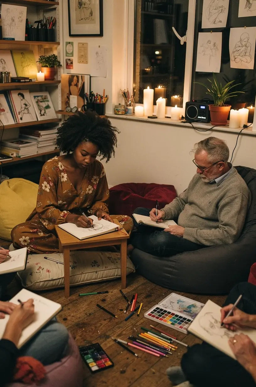 Community art session with diverse participants painting together.